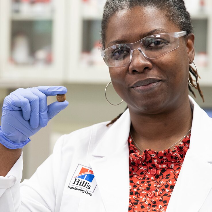 Hill's onderzoeker houdt een brokje vast